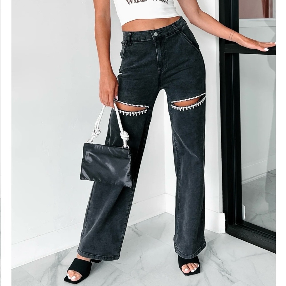 NanaMacs Slit-Front Wide Leg Rhinestone Jeans